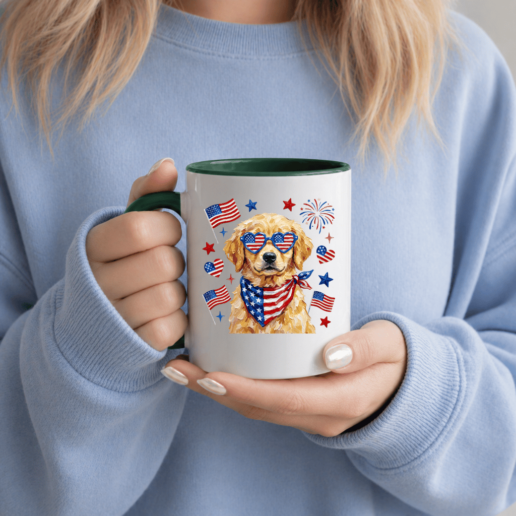 Patriotic Golden Retriever Accent Mug – 4th of July Gift for Dog Mom, Dog Lover Mug - detail view